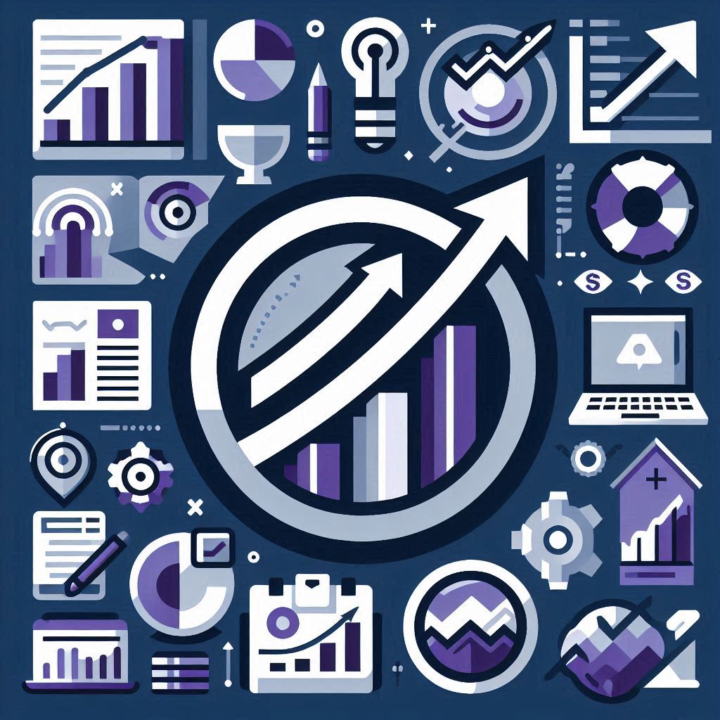 Graphic image of a circular growth chart with arrows pointing up and to the right, surrounded by additional iconography to symbolize growth, work, progress, and business operations. 