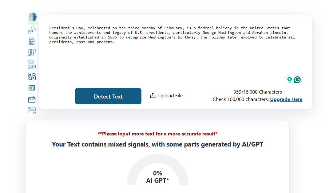 Screenshot of ZeroGPT detecting mixed signals of AI text