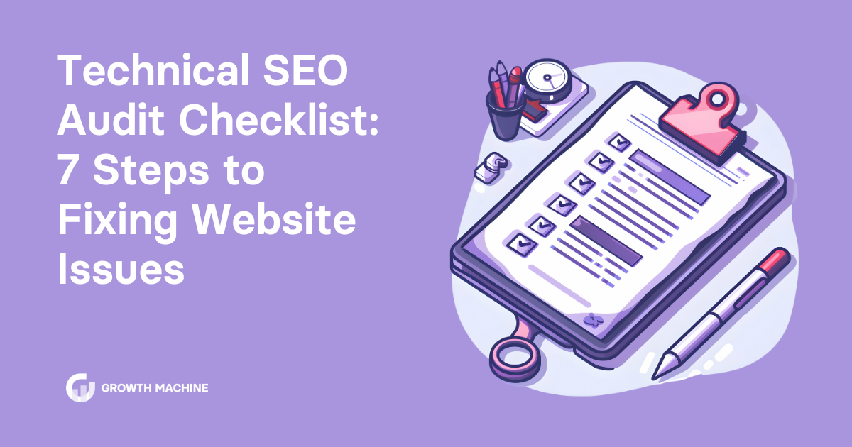 Technical SEO audit checklist: Graphic of a checklist on a clipboard next to a pen