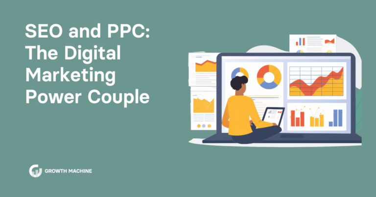 SEO and PPC: Graphic of a person sitting on the floor in front of a computer looking at graphs